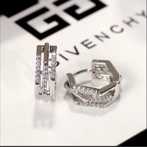 Givenchy Polished Silver Crystal Octagonal Huggie Earrings
